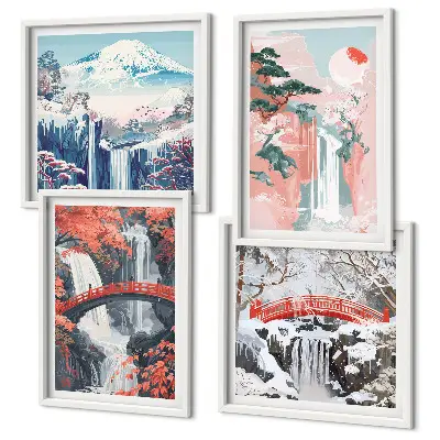 Wasserfall Landschaft mit Brücke und Bäumen mehrteiliges Wandbild mit Rahmen