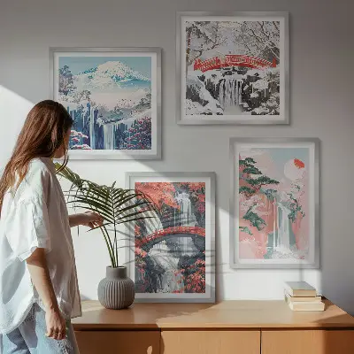 Wasserfall Landschaft mit Brücke und Bäumen mehrteiliges Wandbild mit Rahmen