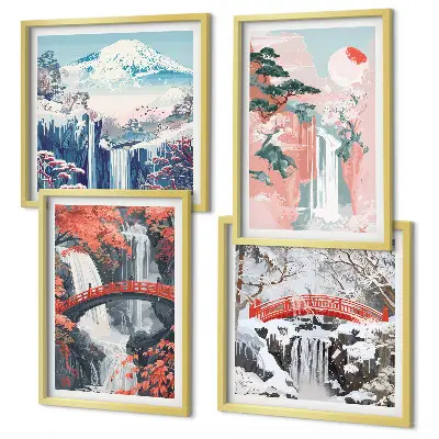 Wasserfall Landschaft mit Brücke und Bäumen mehrteiliges Wandbild mit Rahmen