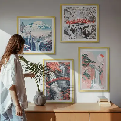 Wasserfall Landschaft mit Brücke und Bäumen mehrteiliges Wandbild mit Rahmen