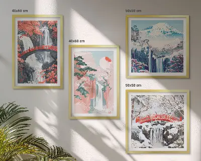 Wasserfall Landschaft mit Brücke und Bäumen mehrteiliges Wandbild mit Rahmen