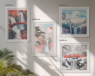 Wasserfall Landschaft mit Brücke und Bäumen mehrteiliges Wandbild mit Rahmen