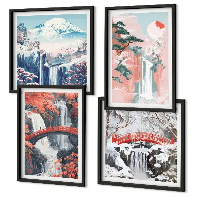Wasserfall Landschaft mit Brücke und Bäumen mehrteiliges Wandbild mit Rahmen
