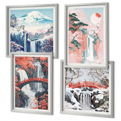 Wasserfall Landschaft mit Brücke und Bäumen mehrteiliges Wandbild mit Rahmen