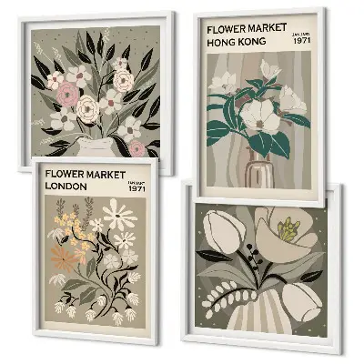 Wanddeko-Set mit Blumenillustrationen von London und Hongkong