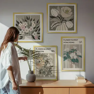Wanddeko-Set mit Blumenillustrationen von London und Hongkong