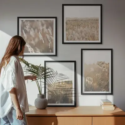 Polyptychon mit Rahmen Landschaft mit Gras und Blumen in warmen Farben