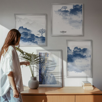 Wanddeko-set Berge, Wolken, Bäume, Vögel im Hintergrund