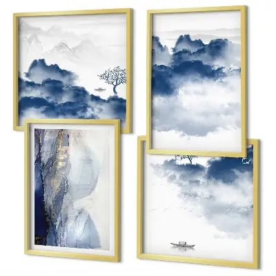 Wanddeko-Set mit Bergen, Wolken, Bäumen und Vögeln im Hintergrund