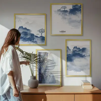 Wanddeko-Set mit Bergen, Wolken, Bäumen und Vögeln im Hintergrund
