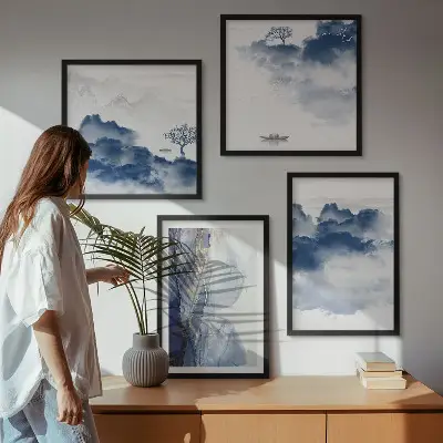 Wanddeko-Set mit Bergen, Wolken, Bäumen und Vögeln im Hintergrund