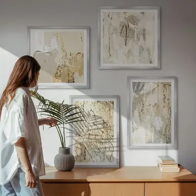 Polyptychon mit Rahmen beige abstrakte Formen und Linien
