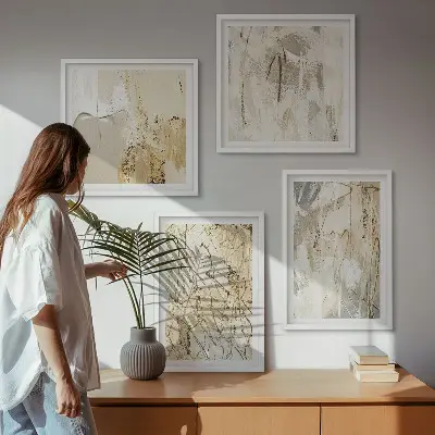 Polyptychon mit Rahmen beige abstrakte Formen und Linien