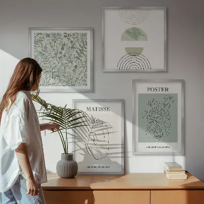 Polyptychon mit Rahmen Wandbild mit Linien und Pflanzenmuster im minimalistischen Stil