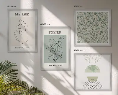 Polyptychon mit Rahmen Wandbild mit Linien und Pflanzenmuster im minimalistischen Stil