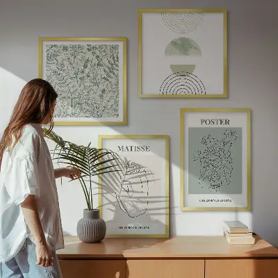 Polyptychon mit Rahmen Wandbild mit Linien und Pflanzenmuster im minimalistischen Stil