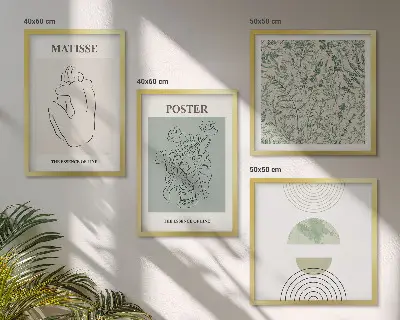 Polyptychon mit Rahmen Wandbild mit Linien und Pflanzenmuster im minimalistischen Stil