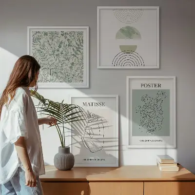 Polyptychon mit Rahmen Wandbild mit Linien und Pflanzenmuster im minimalistischen Stil