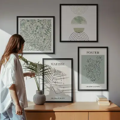 Polyptychon mit Rahmen Wandbild mit Linien und Pflanzenmuster im minimalistischen Stil