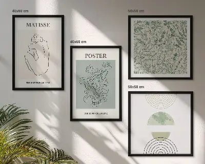 Polyptychon mit Rahmen Wandbild mit Linien und Pflanzenmuster im minimalistischen Stil