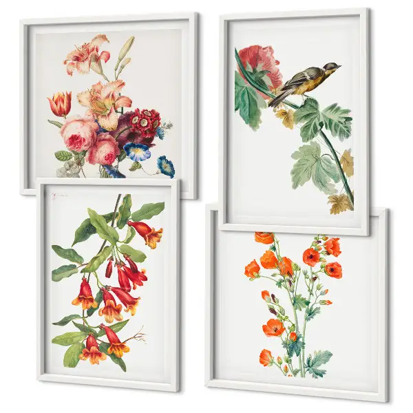 Gemalte Blumen mit Retro-Vogel Polyptychon mit Rahmen