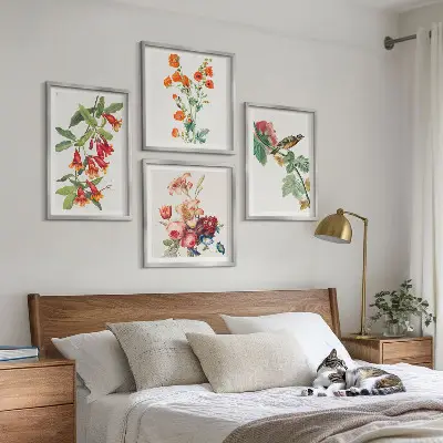 Gemalte Blumen mit Retro-Vogel Polyptychon mit Rahmen