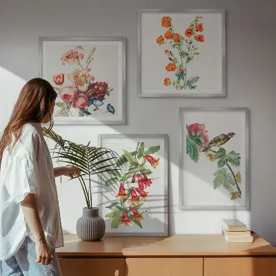 Gemalte Blumen mit Retro-Vogel Polyptychon mit Rahmen
