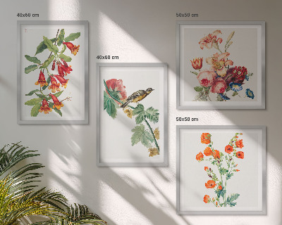 Polyptychon mit rahmen Gemalte Blumen, Retro-Vogel