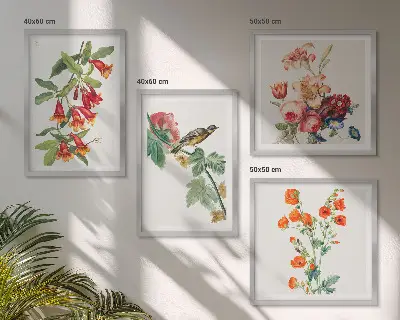 Gemalte Blumen mit Retro-Vogel Polyptychon mit Rahmen