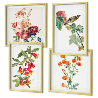 Gemalte Blumen mit Retro-Vogel Polyptychon mit Rahmen