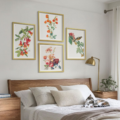 Polyptychon mit rahmen Gemalte Blumen, Retro-Vogel
