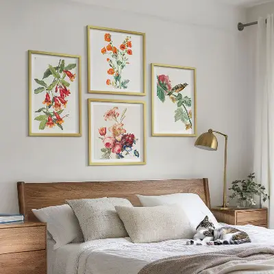 Gemalte Blumen mit Retro-Vogel Polyptychon mit Rahmen