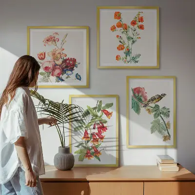 Gemalte Blumen mit Retro-Vogel Polyptychon mit Rahmen