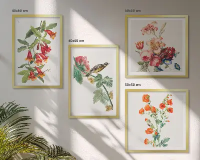 Gemalte Blumen mit Retro-Vogel Polyptychon mit Rahmen