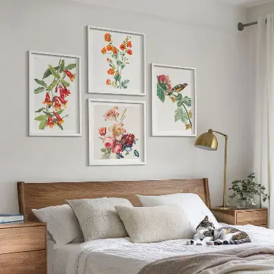 Gemalte Blumen mit Retro-Vogel Polyptychon mit Rahmen