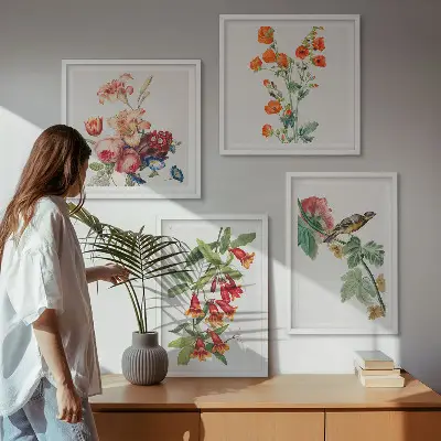 Gemalte Blumen mit Retro-Vogel Polyptychon mit Rahmen