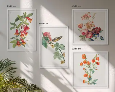 Gemalte Blumen mit Retro-Vogel Polyptychon mit Rahmen