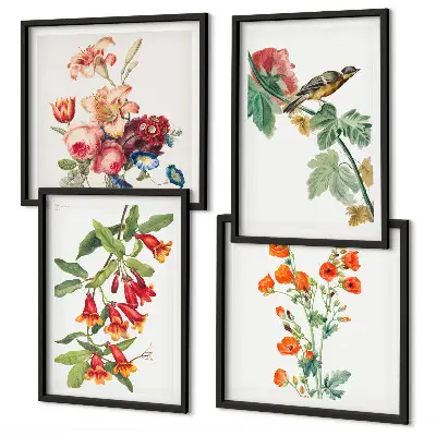 Gemalte Blumen mit Retro-Vogel Polyptychon mit Rahmen