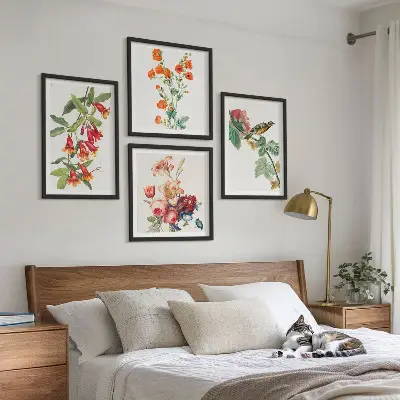 Gemalte Blumen mit Retro-Vogel Polyptychon mit Rahmen