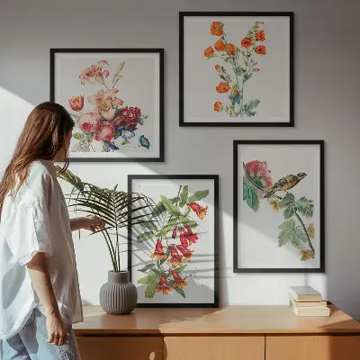 Gemalte Blumen mit Retro-Vogel Polyptychon mit Rahmen