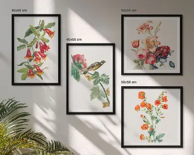 Gemalte Blumen mit Retro-Vogel Polyptychon mit Rahmen