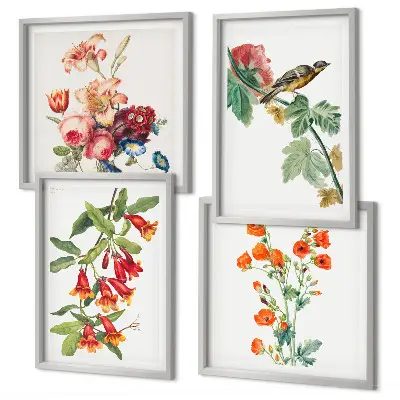 Gemalte Blumen mit Retro-Vogel Polyptychon mit Rahmen