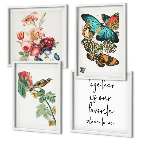 Wanddeko-Set mit Blumen, Schmetterlingen und Vögeln in Pastellfarben