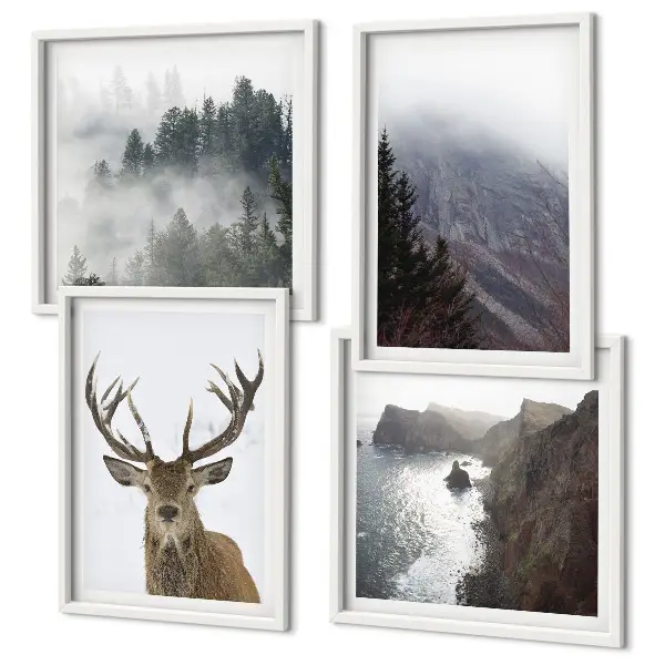 Wanddeko-Set Berglandschaft mit Nebel und Hirsch