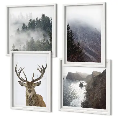 Wanddeko-Set Berglandschaft mit Nebel und Hirsch