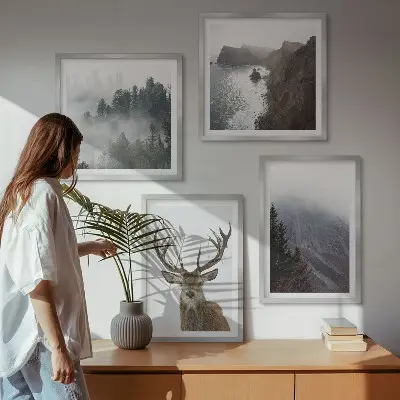 Wanddeko-Set Berglandschaft mit Nebel und Hirsch
