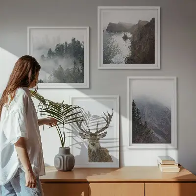 Wanddeko-Set Berglandschaft mit Nebel und Hirsch