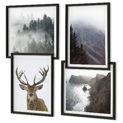 Wanddeko-Set Berglandschaft mit Nebel und Hirsch