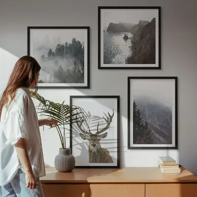 Wanddeko-Set Berglandschaft mit Nebel und Hirsch
