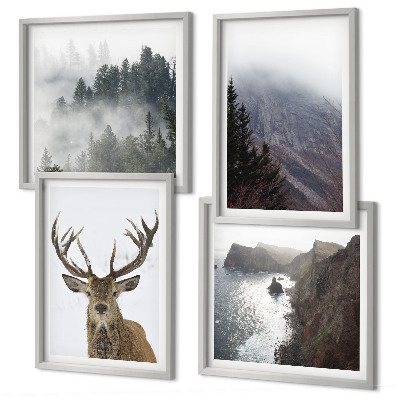 Wanddeko-set Berglandschaft Nebel Hirsch